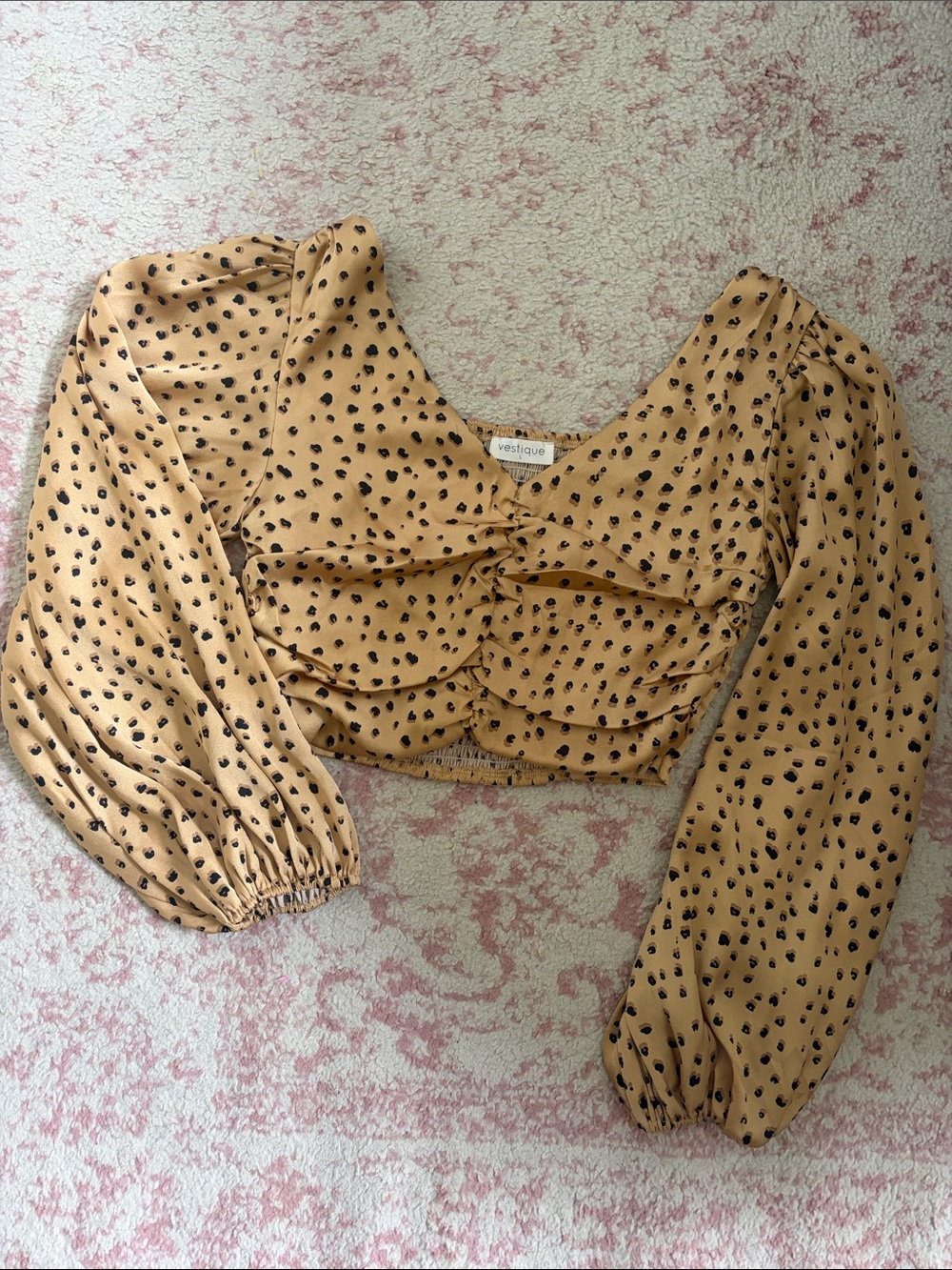 vestique Tan Crop Top with Black Dot Print and Puff Sleeves